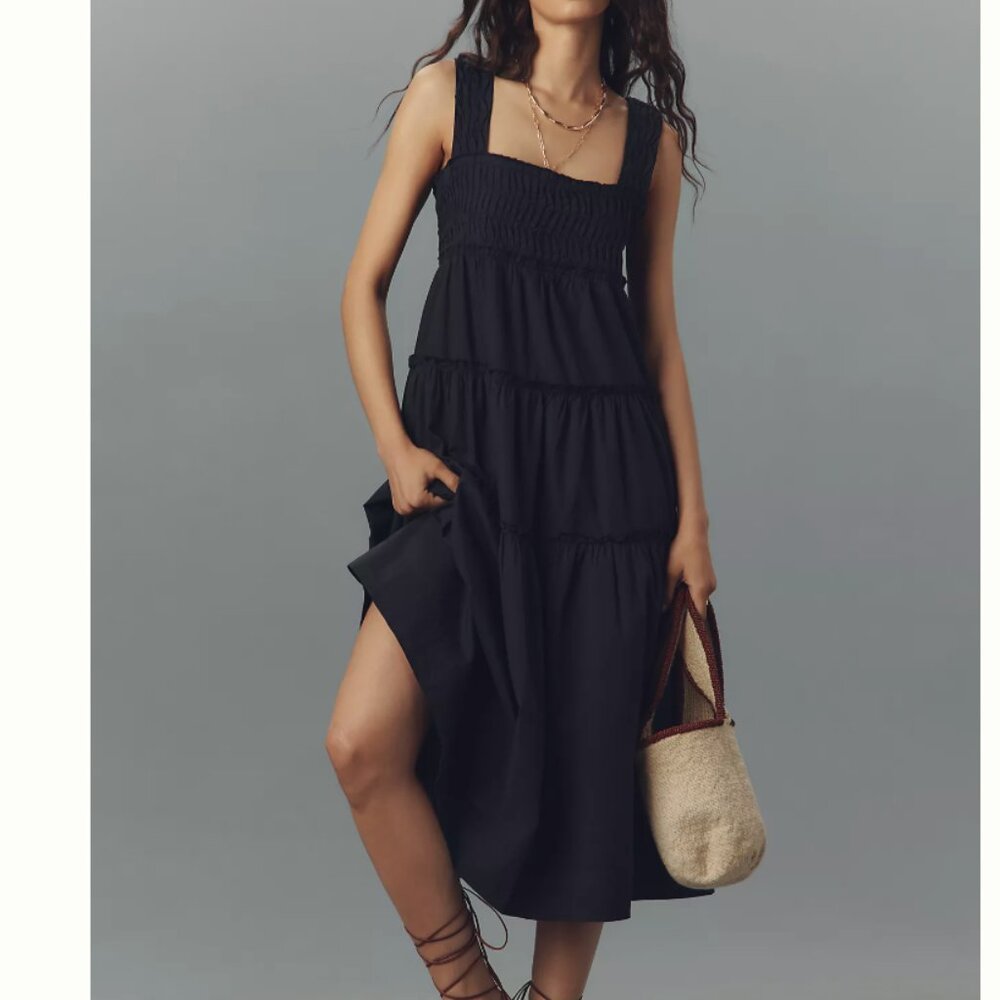 NEW Anthropologie Maeve Helena Black Cotton Tiered Midi Dress S